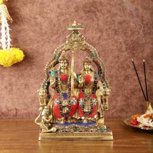 Brass Rama Sita Hanuman Idol Set | 11" x 8" x 4" (28 x 20.3 x 10.2 cm) | 4 kg Throne Setting with Stonework | Divine Trio Sacred Art | Premium Murti